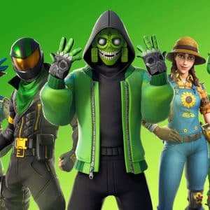 Five colorful Fortnite characters, created by Epic Games, stand in a line against a green background. The central character wears a green hoodie and a skeleton mask. To their left is a neon green and black soldier. To their right are a farmer in overalls and a dinosaur-suited character.