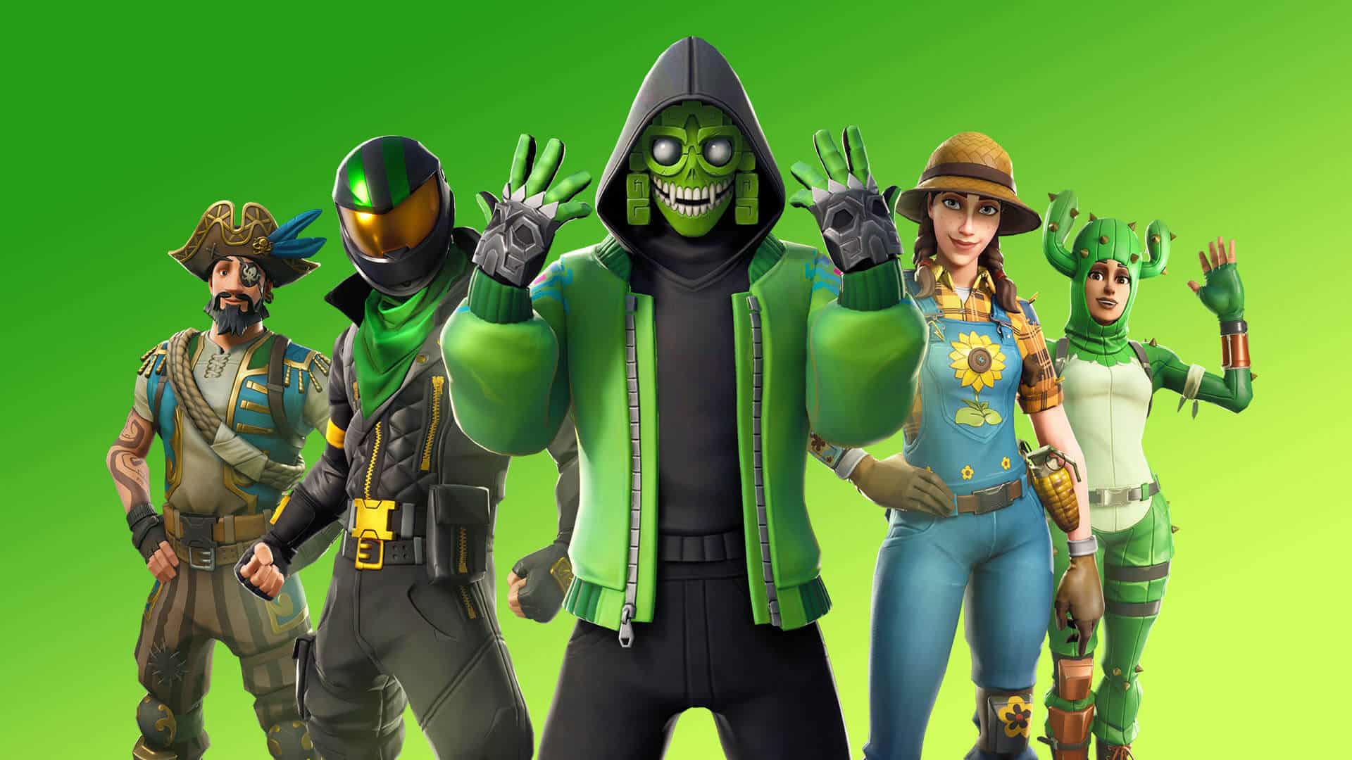 Five colorful Fortnite characters, created by Epic Games, stand in a line against a green background. The central character wears a green hoodie and a skeleton mask. To their left is a neon green and black soldier. To their right are a farmer in overalls and a dinosaur-suited character.