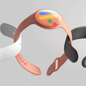 A close-up image of three colorful wristbands resembling a concept for a Google Pixel Watch. The wristbands are different colors: white, pink, and black. Each band has a round, button-like feature with multicolored horizontal lines. The bands are displayed on a neutral gray background.