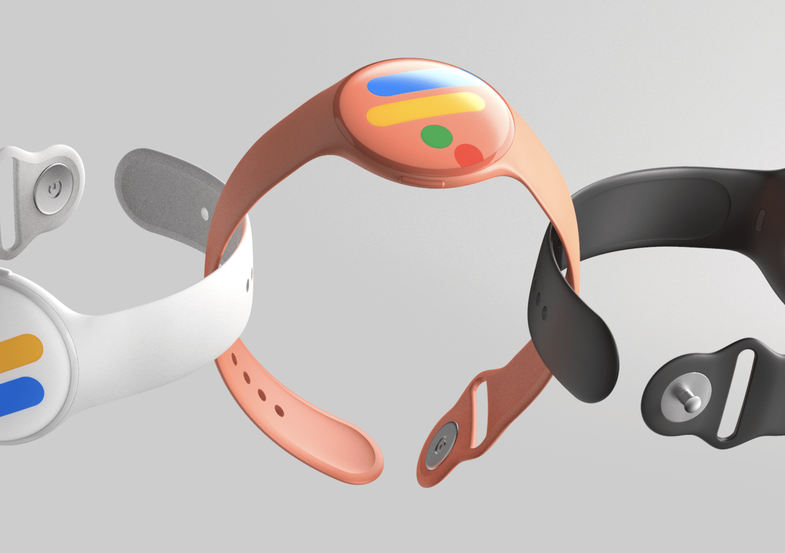 A close-up image of three colorful wristbands resembling a concept for a Google Pixel Watch. The wristbands are different colors: white, pink, and black. Each band has a round, button-like feature with multicolored horizontal lines. The bands are displayed on a neutral gray background.