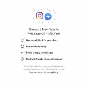 Screenshot of a notification about a new way to message on Instagram. Features include a colorful look for chats, emoji reactions, swipe to reply to messages, and chatting with Facebook and Messenger friends. A note at the bottom advises updating to access the features.