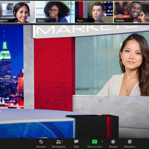 A virtual meeting interface is displayed, blending animated characters and real individuals in a captivating virtual reality setting. The main speaker, a woman, appears prominently on the screen. Other participants include Hannah, Rebecca, Stacy, Ryan, Darnell, and Mai along the top row on smaller screens.