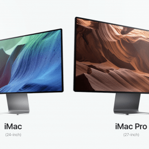 The image showcases two Apple desktop computers: a 24-inch iMac displaying a blue and green abstract background and a 27-inch iMac Pro featuring a brown and orange canyon landscape. Both reimagine design with sleek, thin profiles on silver stands, resembling an innovative iMac concept.