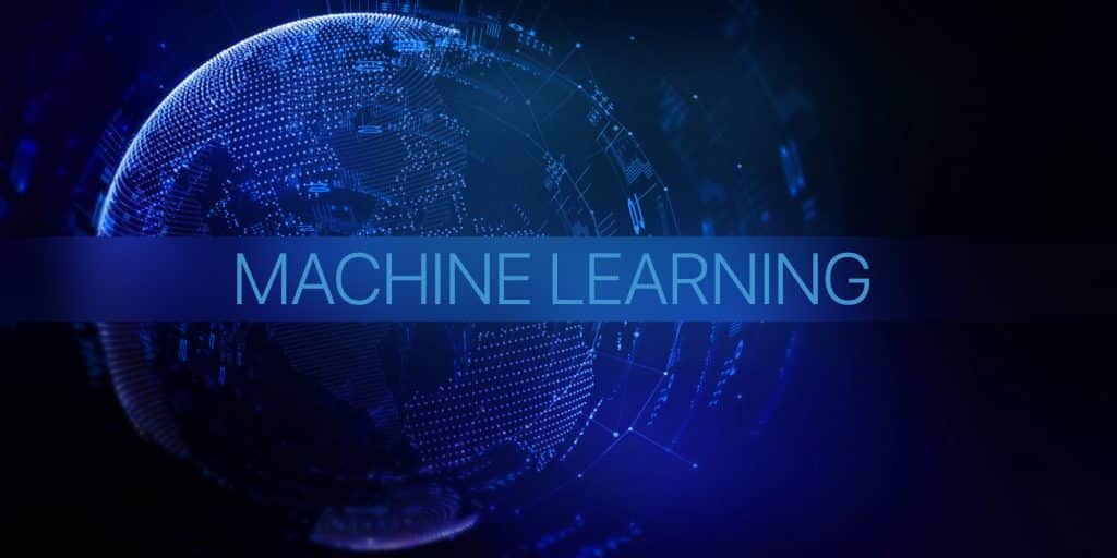 A dark image featuring a digital globe on the left side with glowing blue connections and lines, set against a dark blue and black background. The words "MACHINE LEARNING" are prominently displayed in the center with a transparent blue banner behind them, hinting at advanced data science techniques.