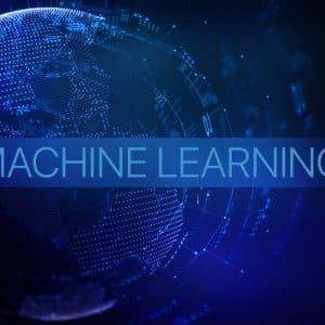 A dark image featuring a digital globe on the left side with glowing blue connections and lines, set against a dark blue and black background. The words "MACHINE LEARNING" are prominently displayed in the center with a transparent blue banner behind them, hinting at advanced data science techniques.