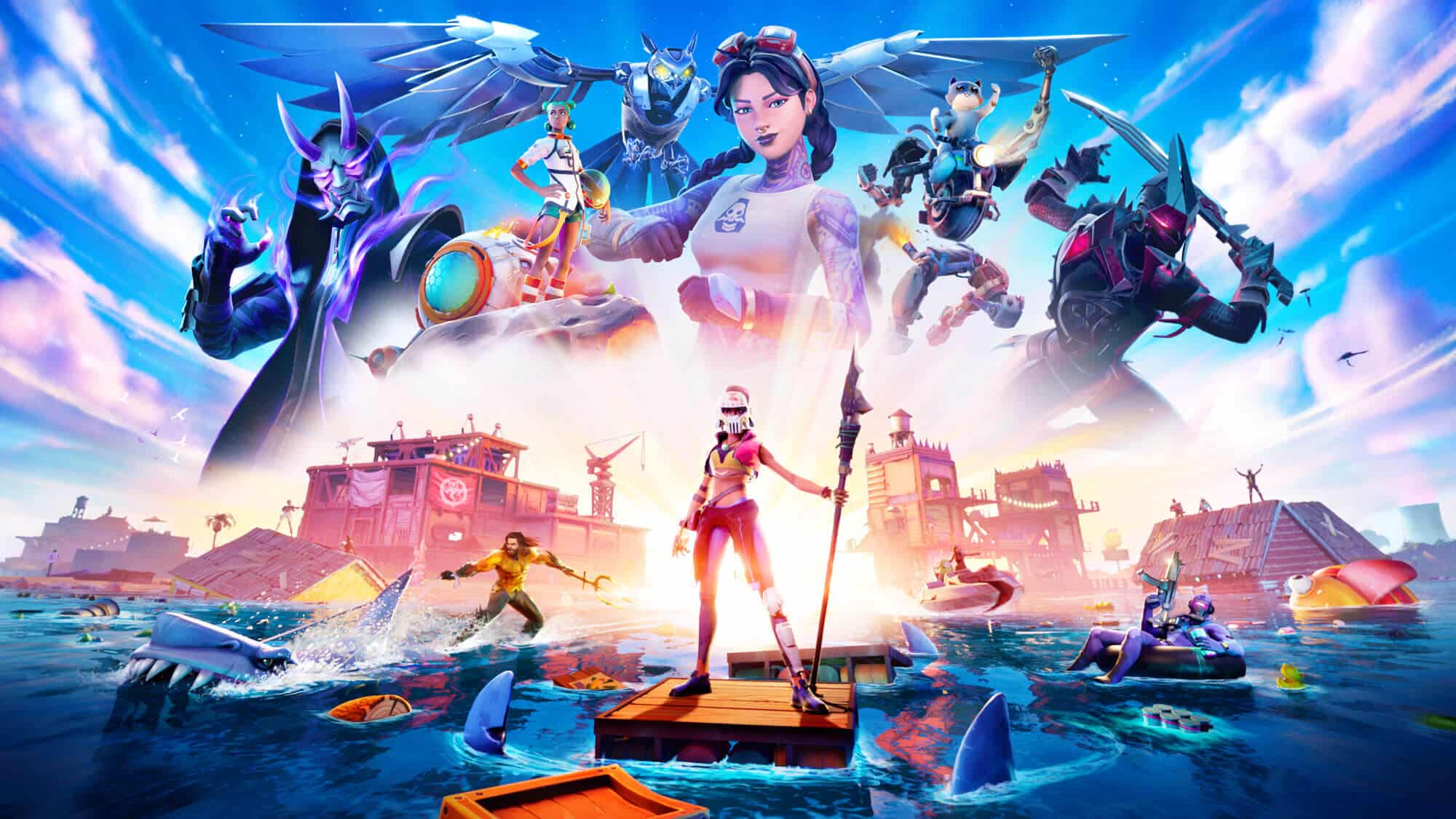 A dynamic, colorful scene featuring characters from the video game Fortnite, developed by Epic Games. A central figure stands on a wooden raft with a spear, surrounded by sharks. Various futuristic and fantasy characters are depicted in action poses, with a bright, dramatic sky as the backdrop.