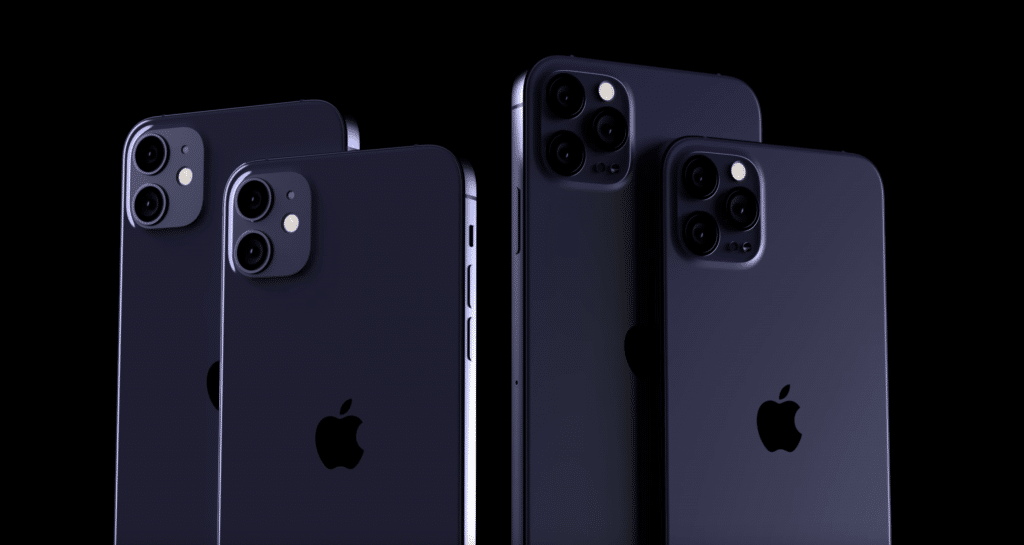 Four dark-colored iPhones are displayed against a black background. Two have dual camera setups on the left, and two have triple camera setups on the right. The Apple logo is visible on the back of each phone, offering everything you need to know about Apple's sleek design and 5G capabilities.