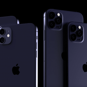 Four dark-colored iPhones are displayed against a black background. Two have dual camera setups on the left, and two have triple camera setups on the right. The Apple logo is visible on the back of each phone, offering everything you need to know about Apple's sleek design and 5G capabilities.