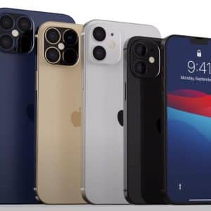 A lineup of five Apple iPhones is shown standing upright. The devices vary in color, with the first being navy blue, the second gold, the third silver, and the fourth black. The fifth iPhone 12, in black, displays a lit screen with the time 9:41 and the date Monday, September 21—perfect for an event announcement.
