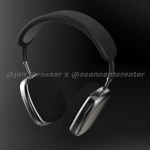 A pair of silver and black over-ear headphones, reminiscent of the new AirPods Studio, with a black headband and cushioned ear pads, displayed against a dark background. The text "@jon_prosser x @conceptcreator" is faintly visible across the middle of the image.