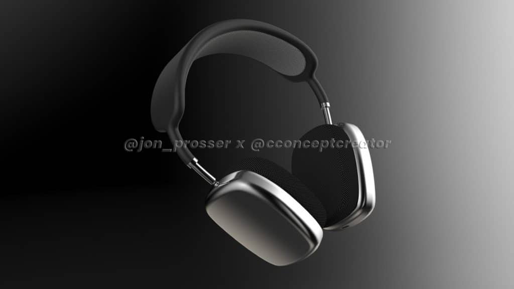 A sleek pair of over-ear headphones, reminiscent of the new AirPods Studio, showcases a matte black and silver design against a gradient black-to-gray background. The handles are cushioned, and the ear cups are metallic with soft-looking inner padding.