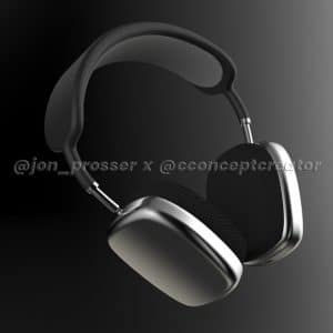 A sleek pair of over-ear headphones, reminiscent of the new AirPods Studio, showcases a matte black and silver design against a gradient black-to-gray background. The handles are cushioned, and the ear cups are metallic with soft-looking inner padding.
