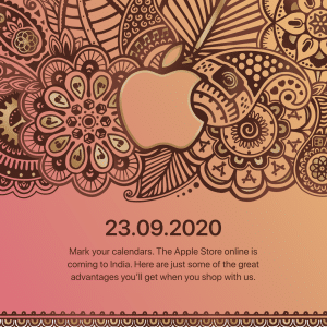 A vibrant and intricate floral-themed announcement for the Apple Store Online's launch in India on September 23, 2020. The artwork features detailed paisley and floral patterns with an Apple logo at the center and a brief description below.