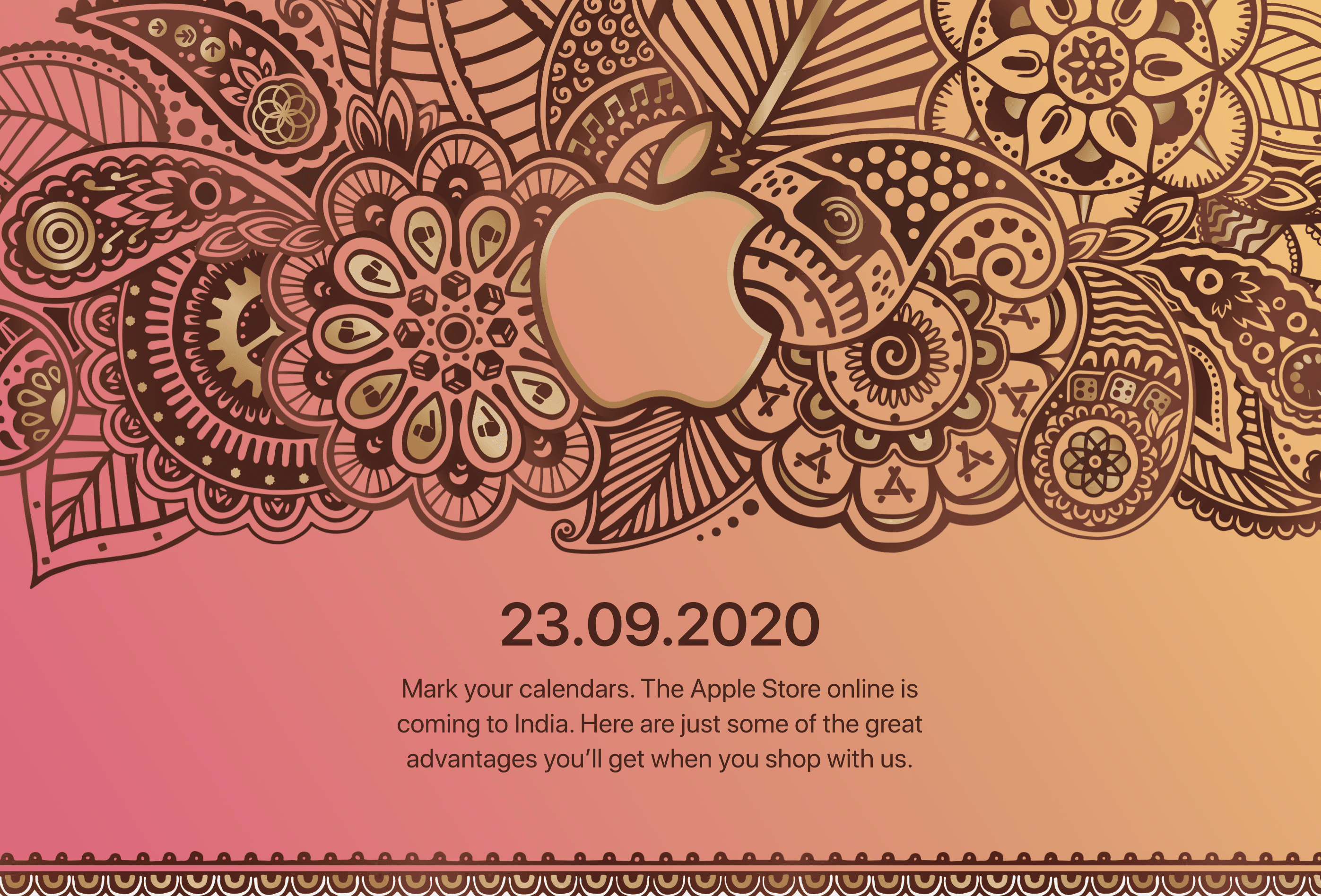 A vibrant and intricate floral-themed announcement for the Apple Store Online's launch in India on September 23, 2020. The artwork features detailed paisley and floral patterns with an Apple logo at the center and a brief description below.