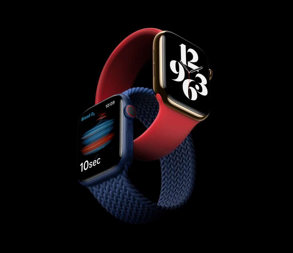 Two smartwatches against a black background. One, an Apple Watch Series 6, has a red band with a large, modern clock face. The other, an Apple Watch SE, has a blue band with a health monitoring screen showing blood oxygen measurement and a 10-second timer. Both are showcased in a dynamic, intertwined position.