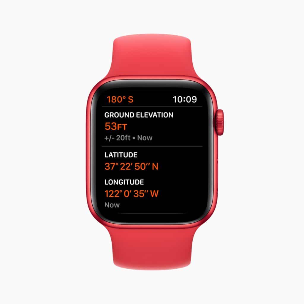 A smartwatch with a red band displays geographical information. It shows a compass reading of 180° S, ground elevation of 53 feet, latitude of 37° 22' 50" N, and longitude of 122° 0' 35" W. The time shown is 10:09.