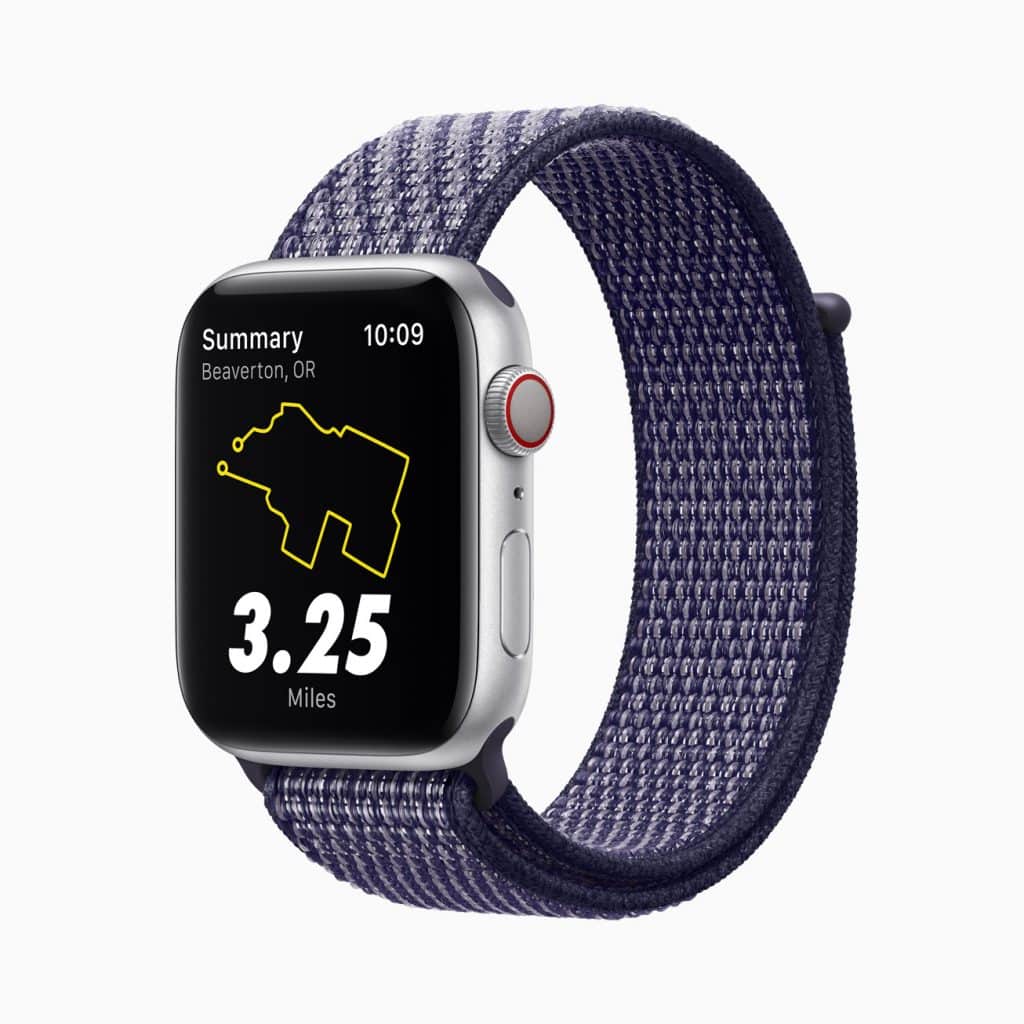 A smartwatch with a woven navy and grey strap displaying a workout summary on its screen. The summary shows "Beaverton, OR," the time "10:09," and a distance of "3.25 Miles" covered, accompanied by a route map outline in yellow.