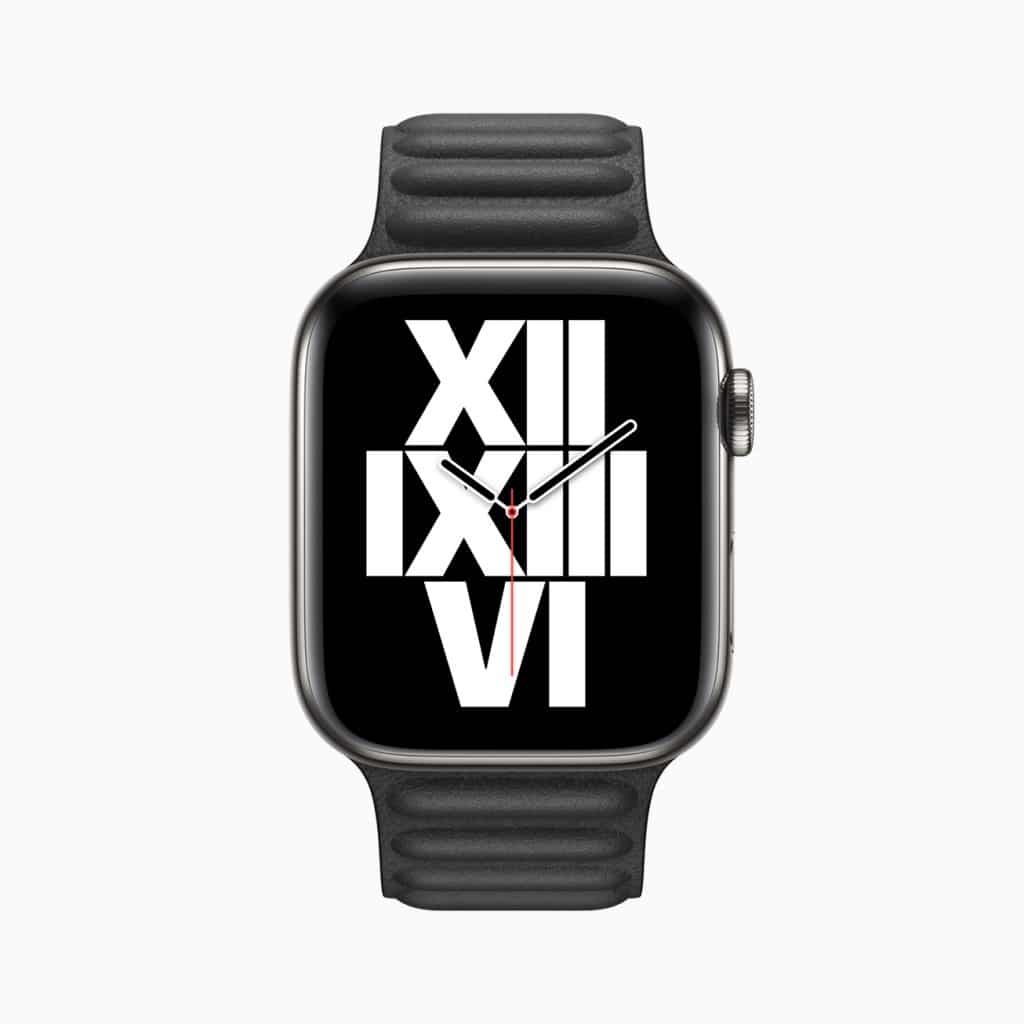 A modern smartwatch with a black band displays an artistic watch face with oversized Roman numerals. The numerals include XII, VI, and IX in a bold white font on a black background. The smartwatch hands are silver with a red second hand.