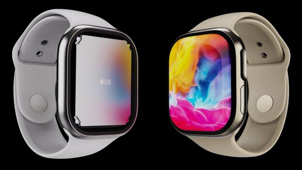 Two smartwatches are displayed against a black background. The watch on the left shows the text "Apple S6" on its screen with a gray strap, and the watch on the right, an eye-catching Apple Watch, displays a vibrant, colorful design on its screen with a beige strap.