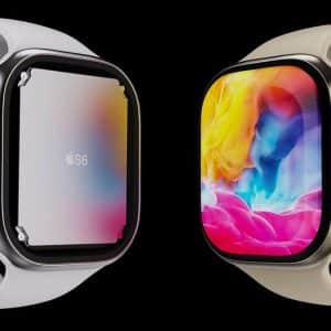 Two smartwatches are displayed against a black background. The watch on the left shows the text "Apple S6" on its screen with a gray strap, and the watch on the right, an eye-catching Apple Watch, displays a vibrant, colorful design on its screen with a beige strap.