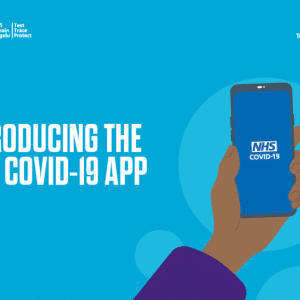 Illustration of a hand holding a smartphone displaying the "NHS COVID-19" tracking app screen. Text on the left reads "Introducing the NHS COVID-19 app" with NHS logos and "Test and Trace" icons in the background, all designed in shades of blue and purple. Download it now from the App Store for UK government updates.