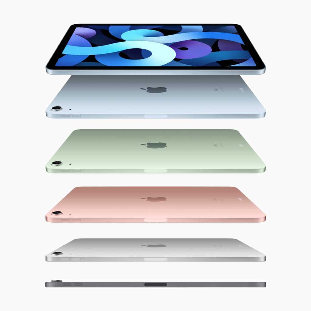 A floating Apple iPad Air, shown from various angles, showcases its slim design. The screen displays blue abstract shapes. The iPad is shown in four colors: blue, green, pink, and silver. The side view highlights the device's thin profile and Touch ID button placements.