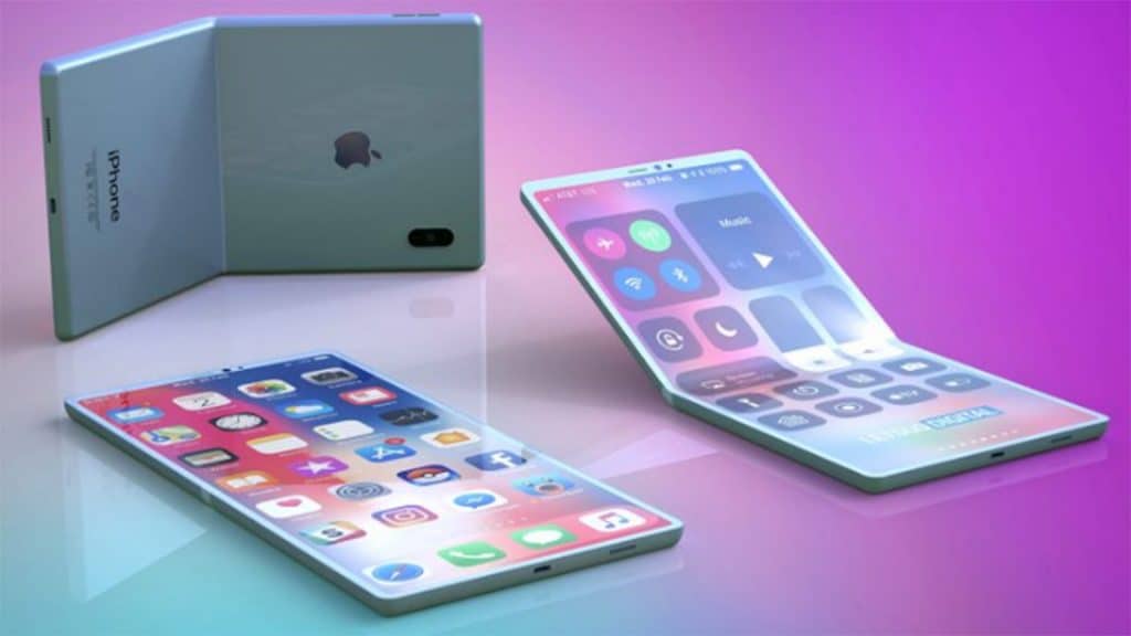 Concept design of a foldable iPhone in three positions: fully opened flat, partially folded, and folded like a tent. The Apple phone displays an array of app icons and control center features on its OLED screens against a vibrant purple gradient background.