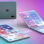 Concept design of a foldable iPhone in three positions: fully opened flat, partially folded, and folded like a tent. The Apple phone displays an array of app icons and control center features on its OLED screens against a vibrant purple gradient background.