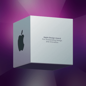 A metallic cube-shaped 2020 Apple Design Award trophy with the Apple logo on one side and the inscription "Apple Design Award For Outstanding Design and Innovation" on another. The background features a gradient of purple shades with rays converging towards the cube, celebrating award-winning apps.