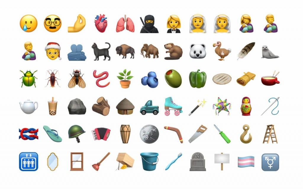 A collection of various emojis, introduced in iOS 14.2, includes faces, animals, plants, food items, tools, symbols, and miscellaneous objects. Expect new emoji like a sad face, heart, ninja, sloth, insect, cup of tea, ladder and the transgender pride flag.