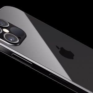 A sleek, black Future iPhone with a shiny finish is displayed diagonally on a black background. It features three camera lenses and a flash on the upper back. The Apple logo is visible in the center. The phone's edge has buttons and appears to be metallic, akin to the design of an Apple Watch.