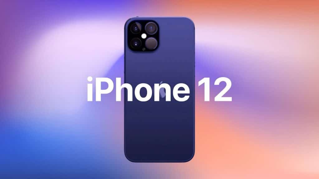 A blue iPhone 12 is shown from the back against a gradient background of purple, blue, orange, and pink hues. The words "iPhone 12" are prominently displayed in the center of the image over the phone, showcasing its 64GB storage.