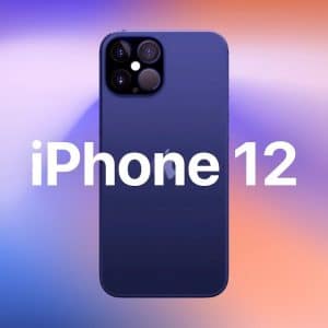 A blue iPhone 12 is shown from the back against a gradient background of purple, blue, orange, and pink hues. The words "iPhone 12" are prominently displayed in the center of the image over the phone, showcasing its 64GB storage.