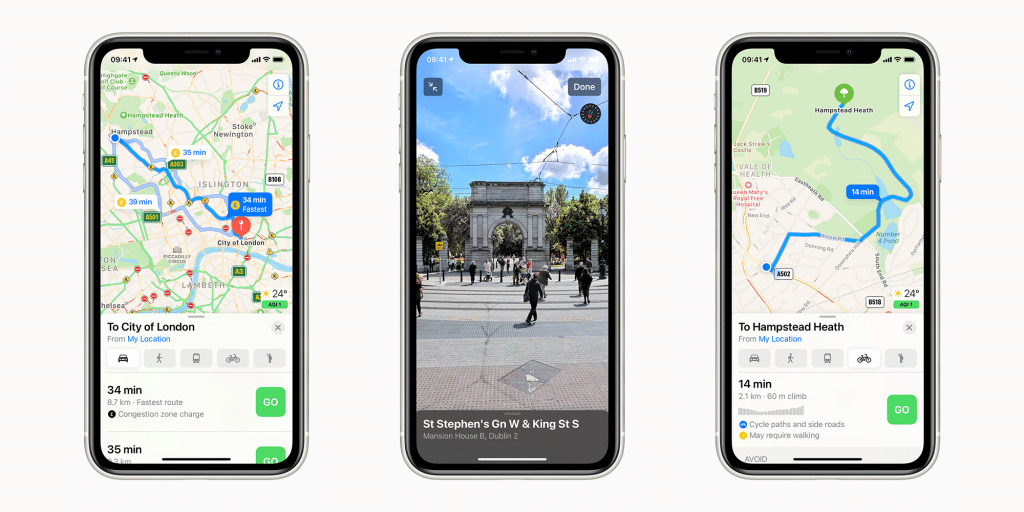 Three smartphones display navigation apps, showcasing the new Maps experience. The left phone shows a route to the City of London with a 34-minute travel time on Apple Maps. The center phone displays a street view of St. Stephen's Green in Dublin. The right phone shows a route to Hampstead Heath with a 14-minute travel time.