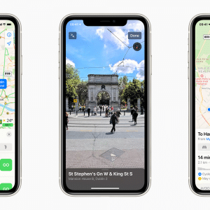 Three smartphones display navigation apps, showcasing the new Maps experience. The left phone shows a route to the City of London with a 34-minute travel time on Apple Maps. The center phone displays a street view of St. Stephen's Green in Dublin. The right phone shows a route to Hampstead Heath with a 14-minute travel time.