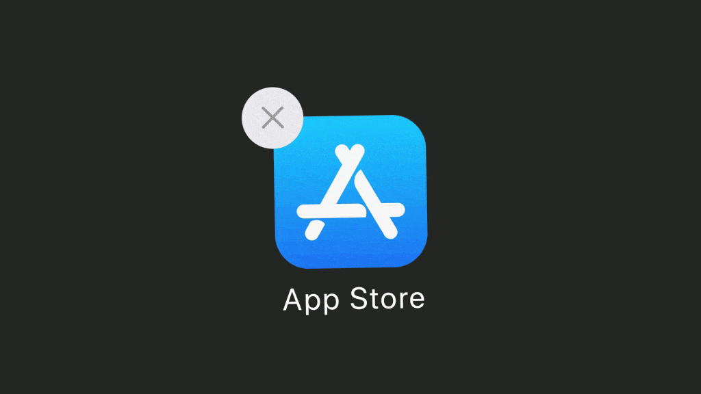 An App Store icon on a dark background with a white 'X' in a light gray circle overlapping the top left corner of the icon. The blue square features the white App Store logo and "App Store" below it, marking one of the 5 reasons to get excited for macOS Big Sur, which launches tomorrow.