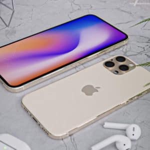 A smartphone with a colorful gradient display lies facing up on a marble surface beside another iPhone 13 placed face down, revealing a triple-camera setup and the iconic Apple logo. Nearby are wireless earbuds and a green fern leaf, adding a touch of nature to the tech scene.