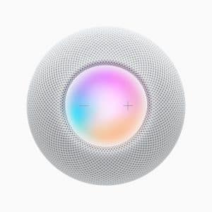 A spherical smart speaker with a mesh exterior in white, featuring a glowing touch surface on top with a gradient of colors and plus and minus symbols for volume control.
