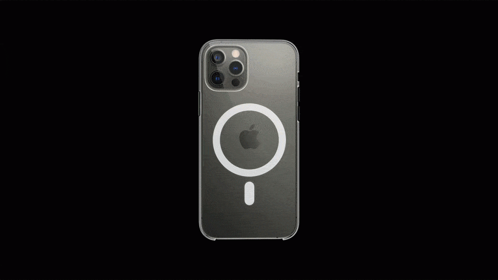 A black iPhone 15 Pro Max with a clear case displaying the Apple logo. The case features a white circular marking with a short line beneath it, likely indicating compatibility with Apple's MagSafe system. The background is solid black.