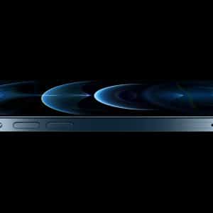 A sleek smartphone with a glossy dark screen, viewed from a side angle against a black background. The phone has metallic edges, visible side buttons, and a thin profile. Reflections of blue circular patterns are on the screen.