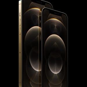 Two sleek, black iPhone 12 Pro Max devices are positioned against a black background. The smartphones feature a polished, reflective surface with curved edges and are displayed at a slight angle, showcasing the side and front views. The screens exhibit abstract circular patterns.
