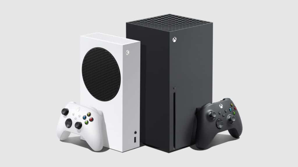 A white Xbox Series S and a black Xbox Series X are displayed side by side on a light gray background, exemplifying next-gen Xbox innovation. Each console has a matching controller placed in front of it; the Series S has a white controller and the Series X has a black controller.