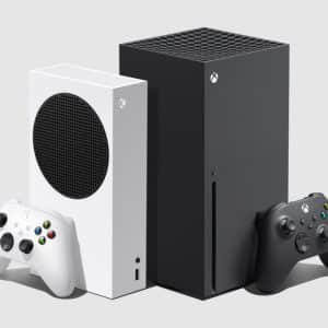 A white Xbox Series S and a black Xbox Series X are displayed side by side on a light gray background, exemplifying next-gen Xbox innovation. Each console has a matching controller placed in front of it; the Series S has a white controller and the Series X has a black controller.