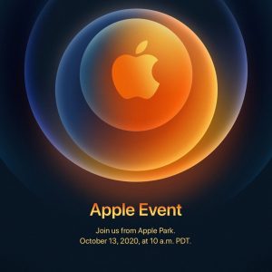 An Apple Event invitation featuring the Apple logo in the center, surrounded by overlapping blue and orange glowing circles. Text below reads: "Apple Event. Join us from Apple Park on October 13, 2020, at 10 a.m. PDT. Could it be the new iPhone?