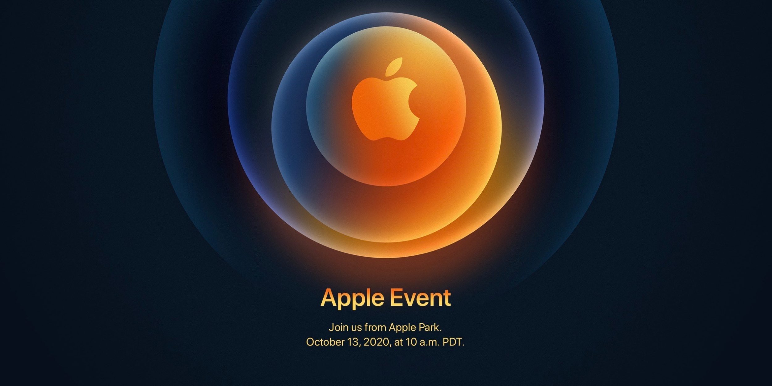 An Apple Event invitation featuring the Apple logo in the center, surrounded by overlapping blue and orange glowing circles. Text below reads: "Apple Event. Join us from Apple Park on October 13, 2020, at 10 a.m. PDT. Could it be the new iPhone?