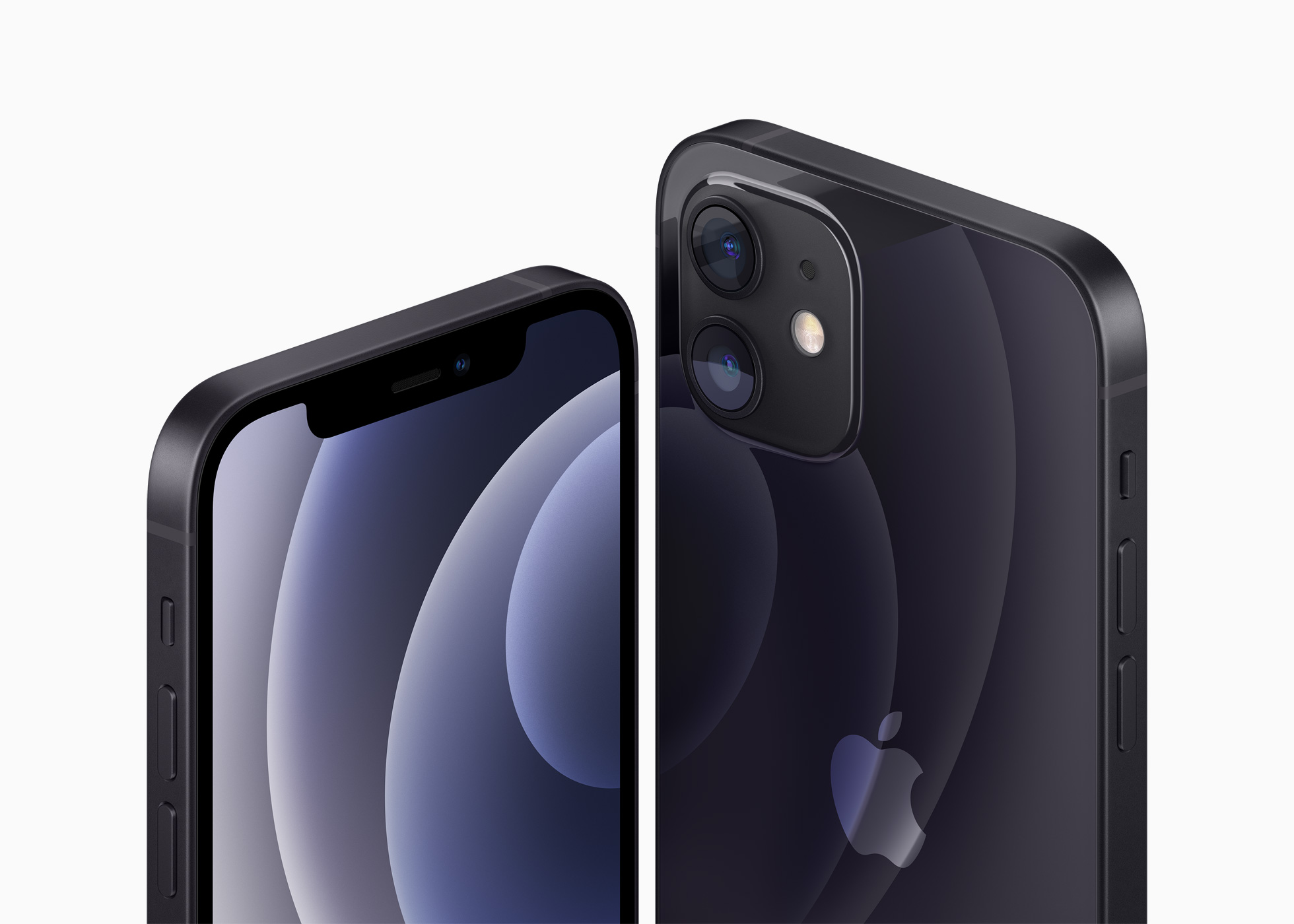 Close-up image of two black iPhones, featuring the front and back views. The front phone displays its screen, while the back phone showcases its dual-camera system and the Apple logo. The design is sleek with smooth edges and a reflective surface.