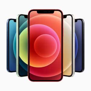 A display of five iPhone 12s in various colors (green, blue, red, white, and black) arranged in a semicircle. The central phone has a vibrant screen with a red, orange, and yellow circular gradient design. A recent software update addresses radiation concerns for enhanced safety.