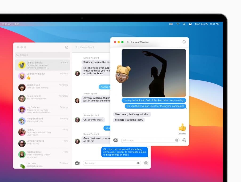 A laptop screen displays a messaging app with an ongoing conversation. The main chat window shows messages from Lauren Winslow, including an image of a person posing against sunlight. The sidebar lists contacts and additional conversations. With macOS Big Sur on the horizon, there are many reasons to get excited!