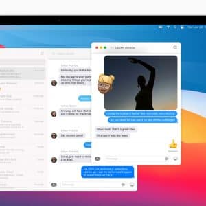 A laptop screen displays a messaging app with an ongoing conversation. The main chat window shows messages from Lauren Winslow, including an image of a person posing against sunlight. The sidebar lists contacts and additional conversations. With macOS Big Sur on the horizon, there are many reasons to get excited!