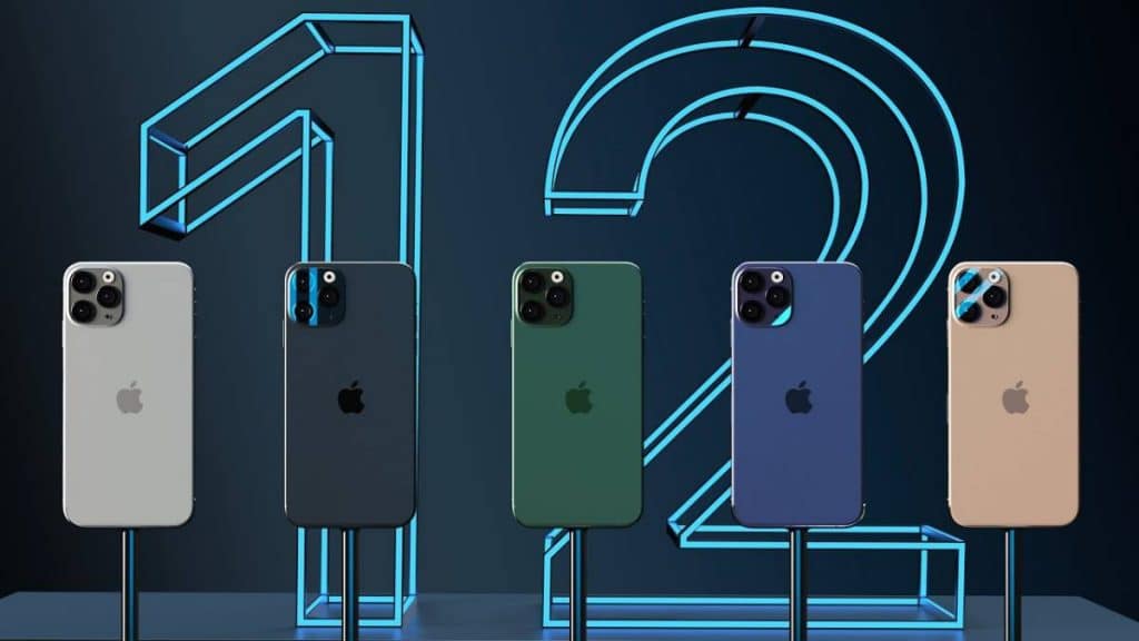 Five iPhone 12 models are displayed on stands against a dark background with a neon blue "12" in the back. The range showcases five different colors: silver, black, green, blue, and gold. They all feature a triple camera system on the back.